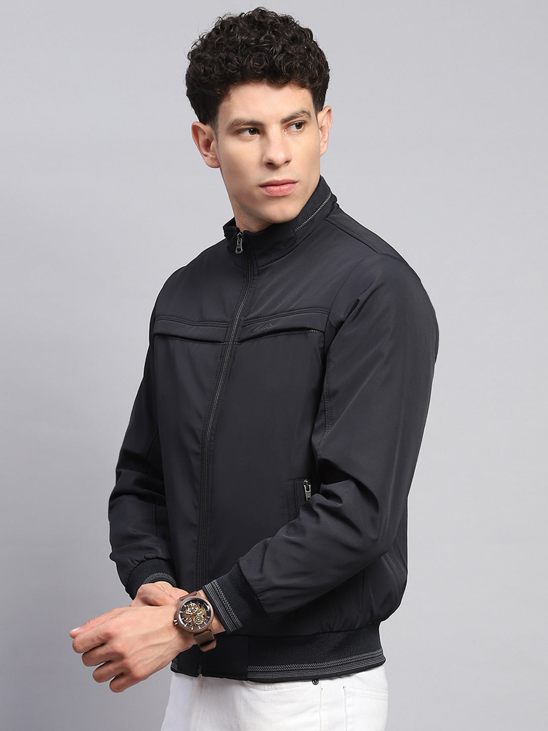 Men Navy Blue Solid Collar Full Sleeve Jacket