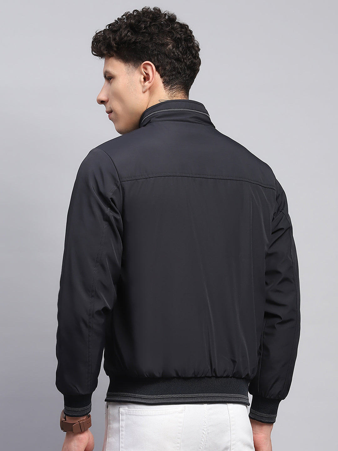 Men Navy Blue Solid Collar Full Sleeve Jacket