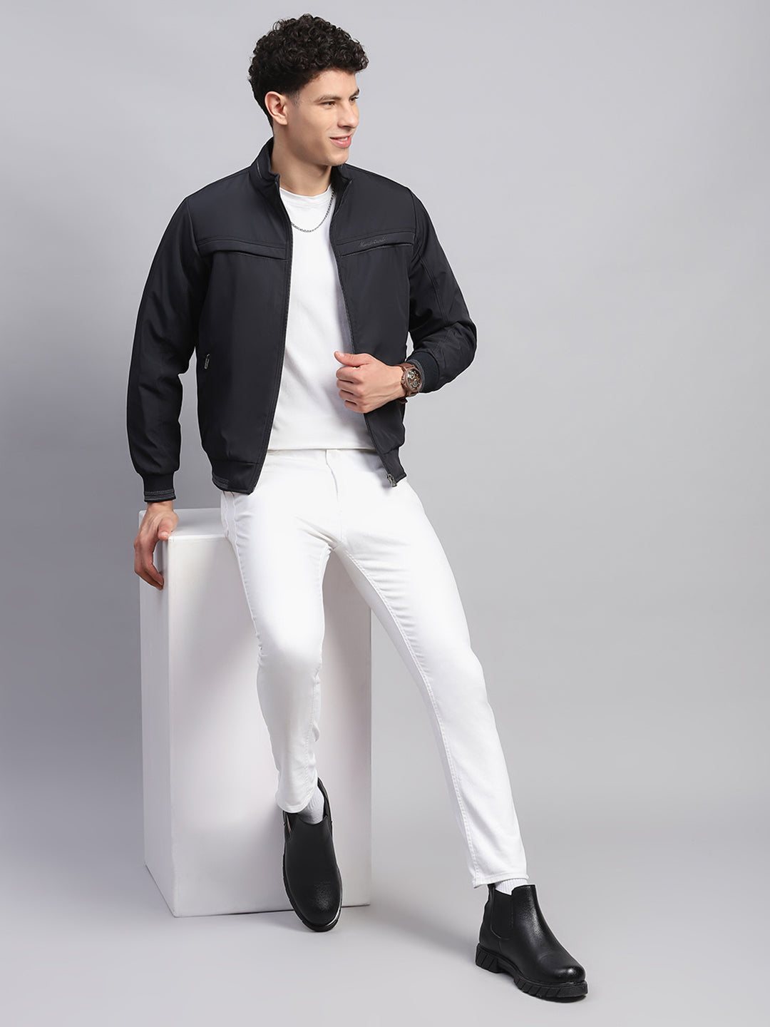 Men Navy Blue Solid Collar Full Sleeve Jacket