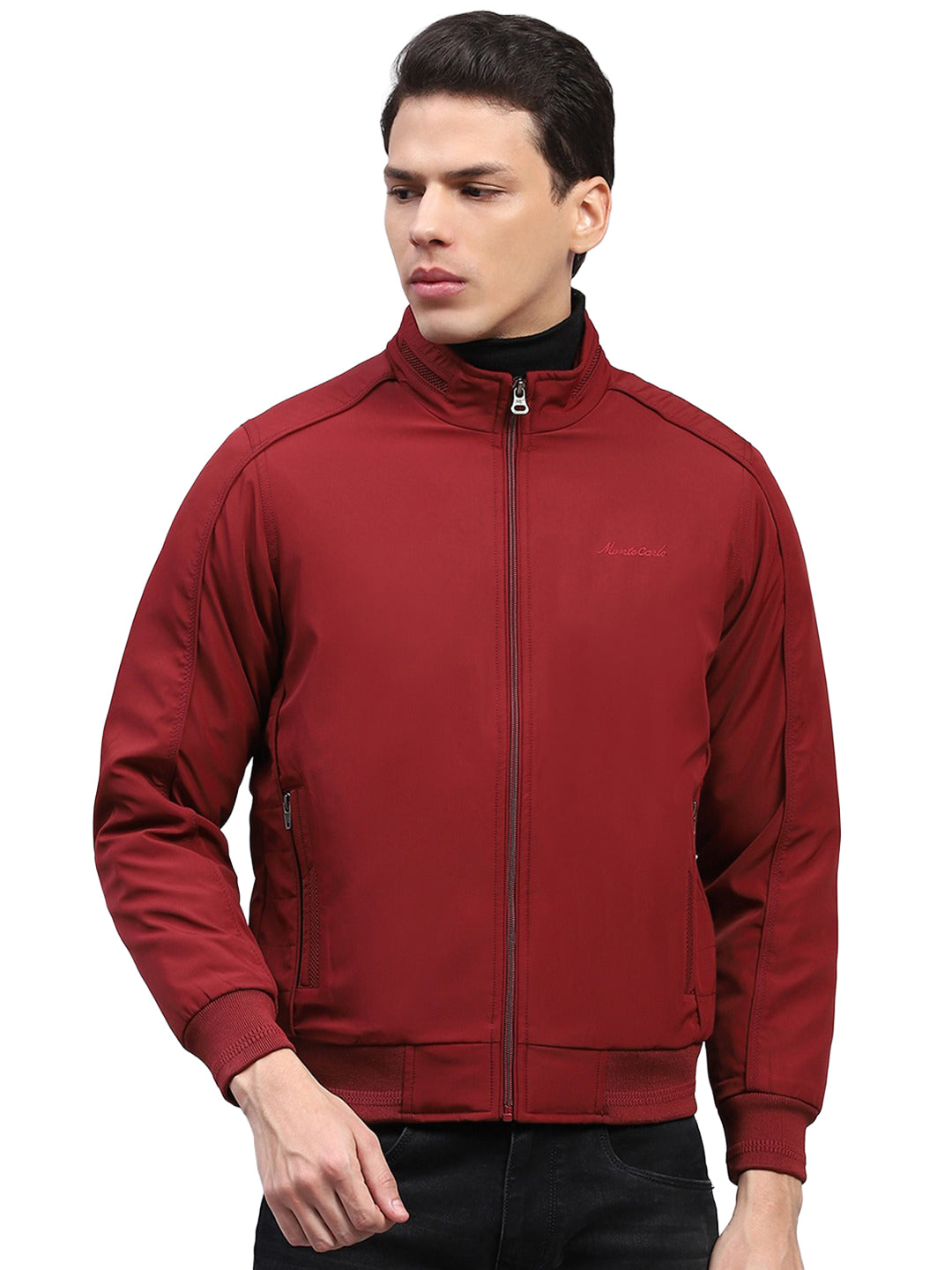 Men Maroon Solid Collar Full Sleeve Jacket
