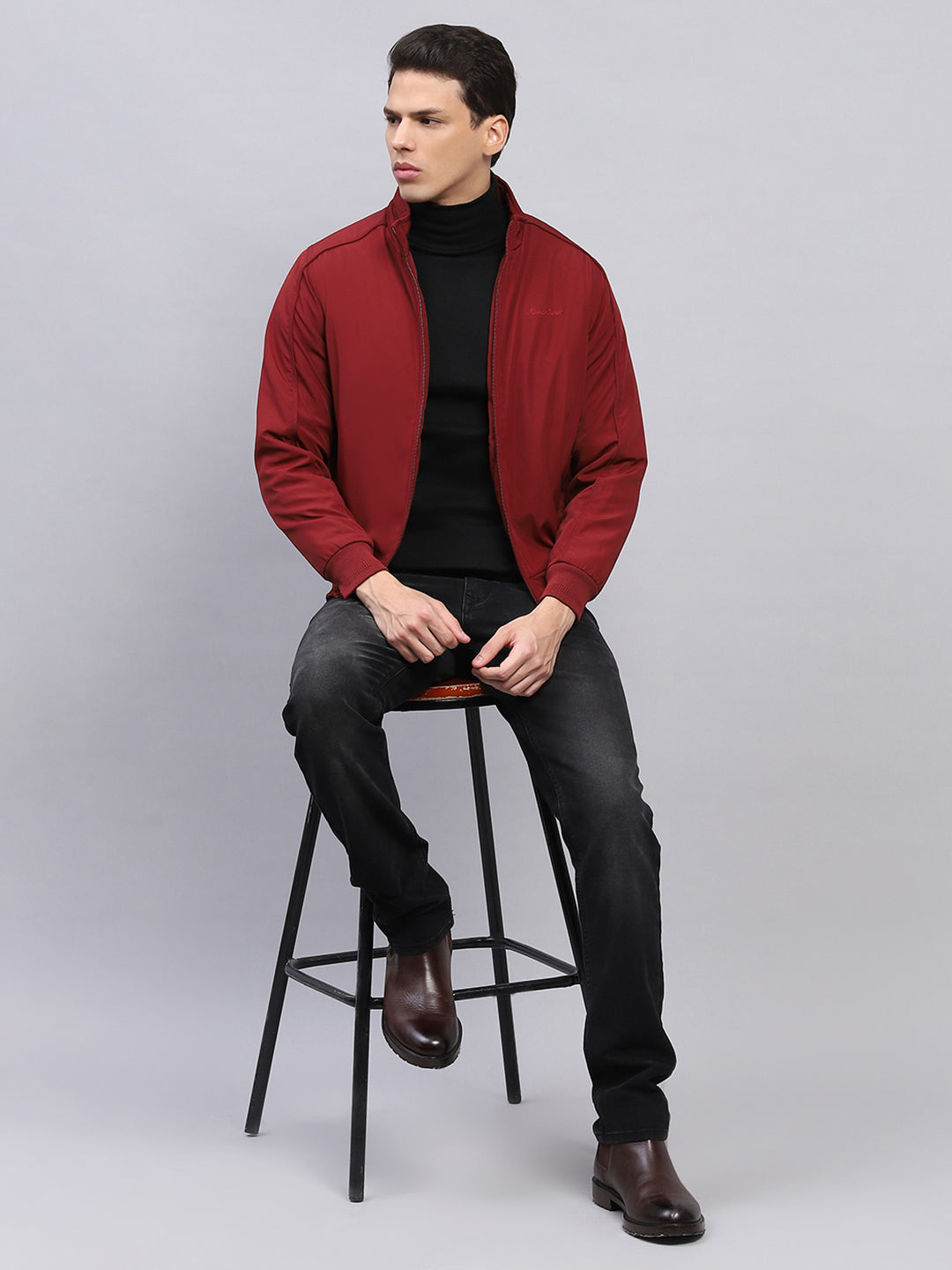 Men Maroon Solid Collar Full Sleeve Jacket