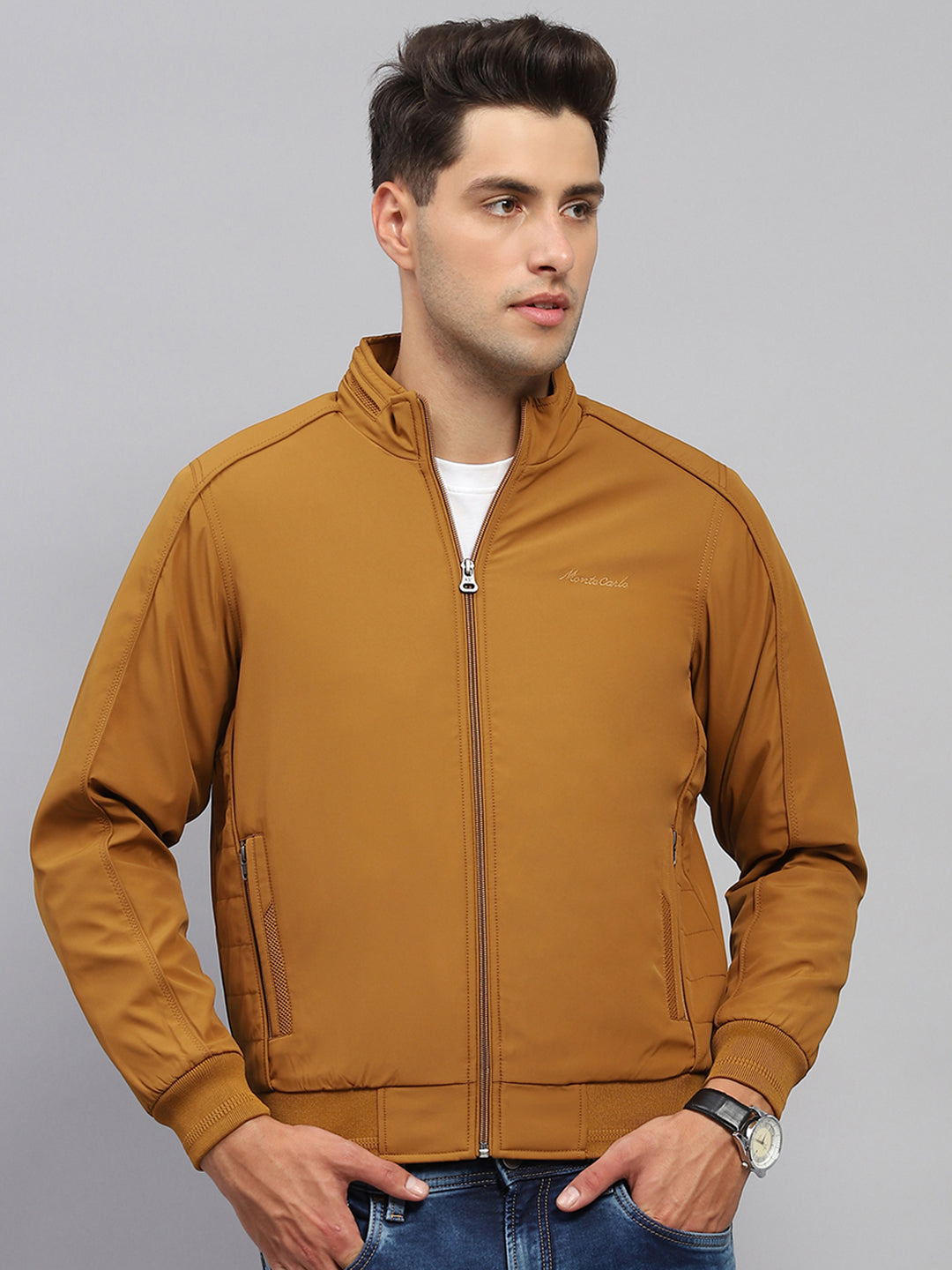 Men Mustard Solid Mock Neck Full Sleeve Jacket