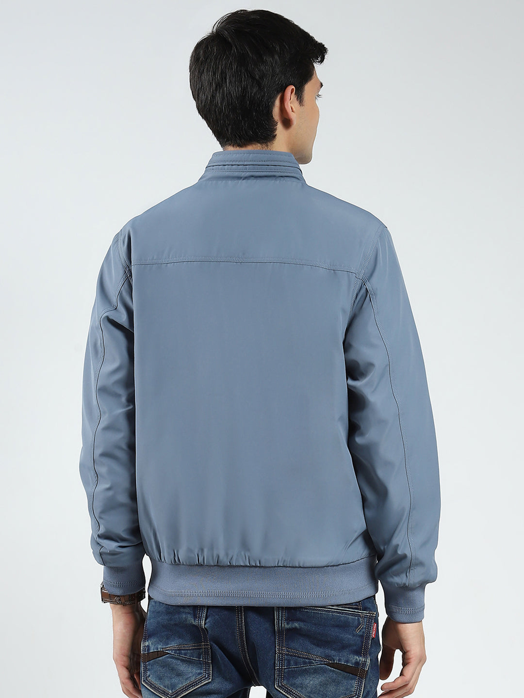 Men Grey Solid Mock Neck Full Sleeve Jacket