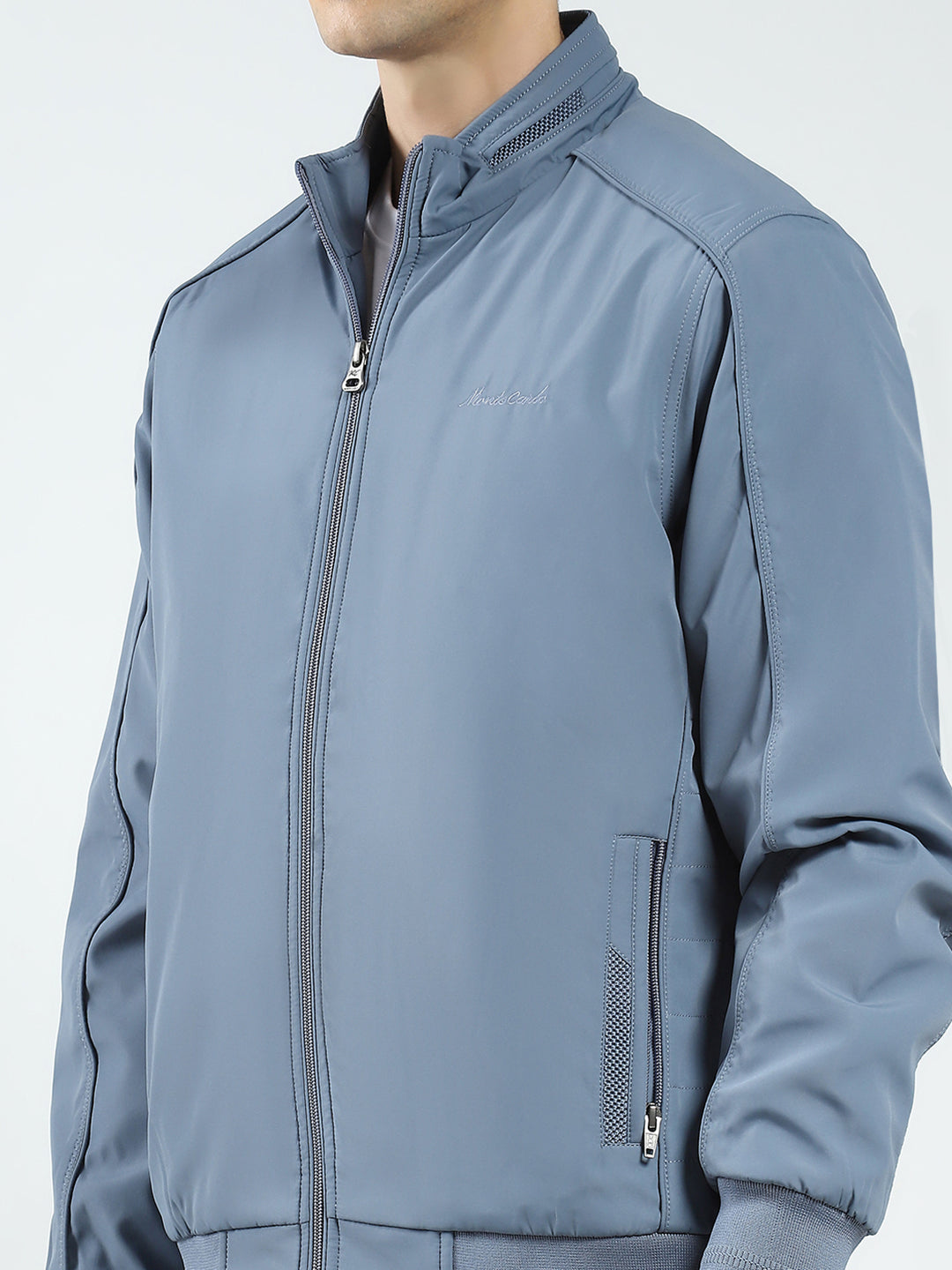 Men Grey Solid Mock Neck Full Sleeve Jacket