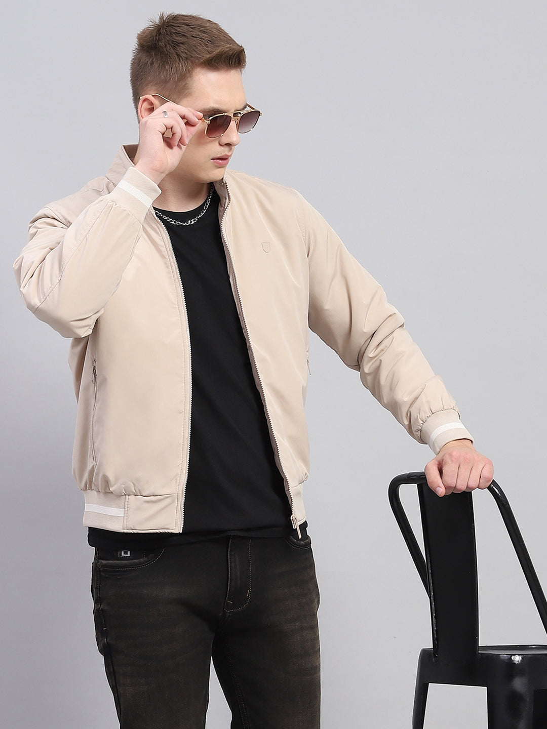 Men Beige Solid Mock Neck Full Sleeve Jacket