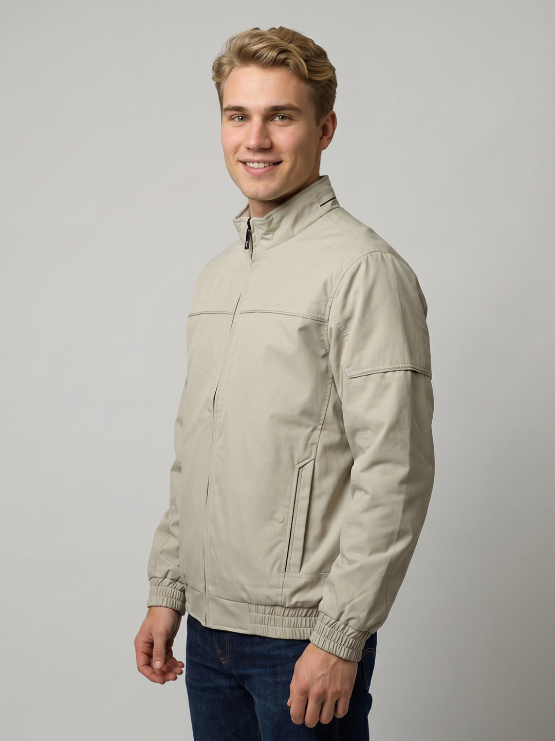 Men Beige Solid Collar Bomber Jacket with Magnetic Pocket