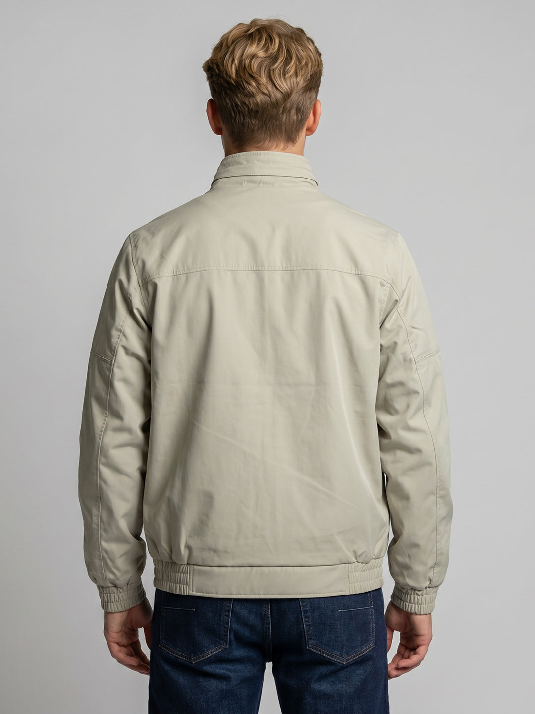 Men Beige Solid Collar Bomber Jacket with Magnetic Pocket