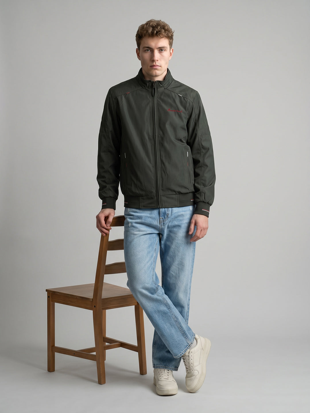 Men Olive Solid Stand Collar Full Sleeve Bomber Jacket