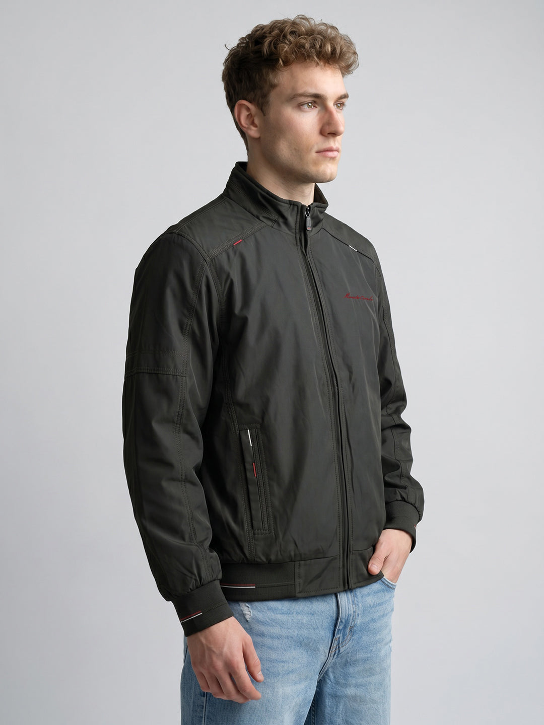 Men Olive Solid Stand Collar Full Sleeve Bomber Jacket