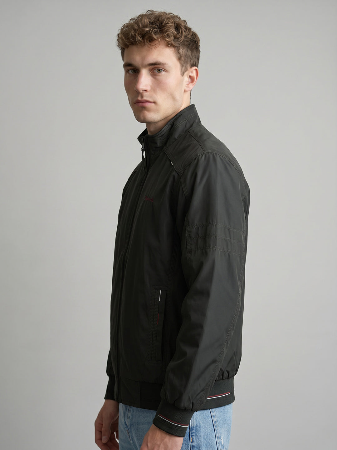 Men Olive Solid Stand Collar Full Sleeve Bomber Jacket