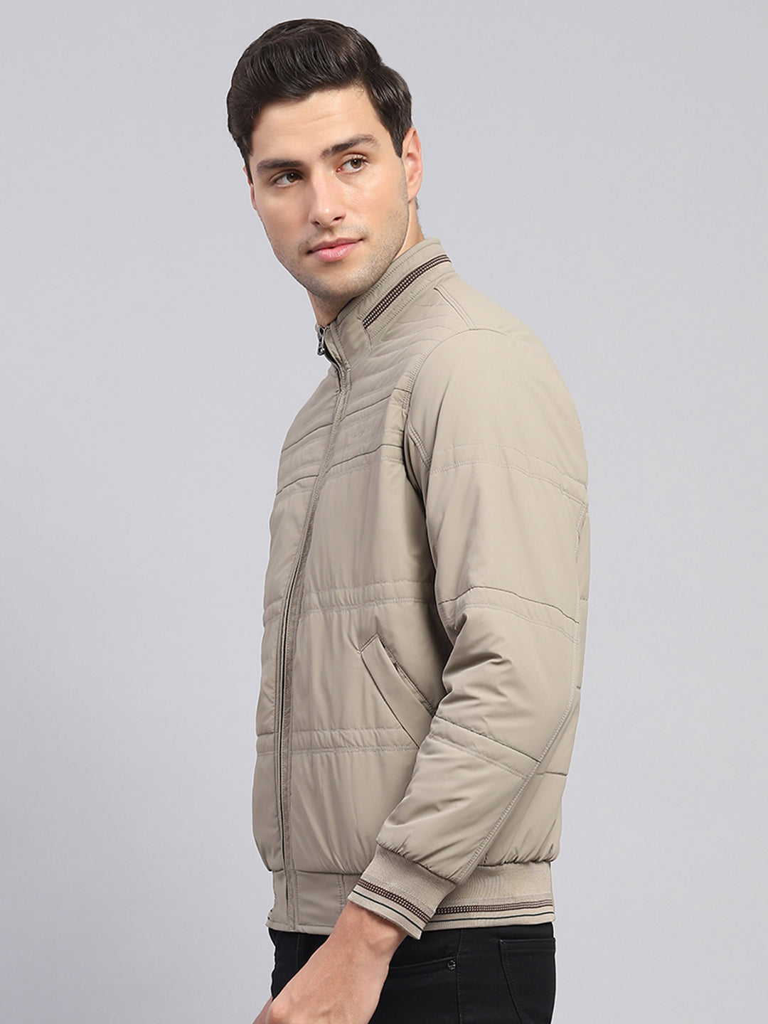 Men Beige Solid Collar Full Sleeve Jacket