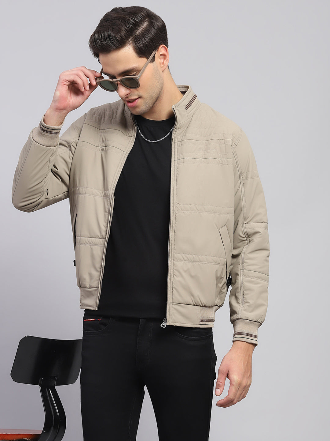 Men Beige Solid Collar Full Sleeve Jacket