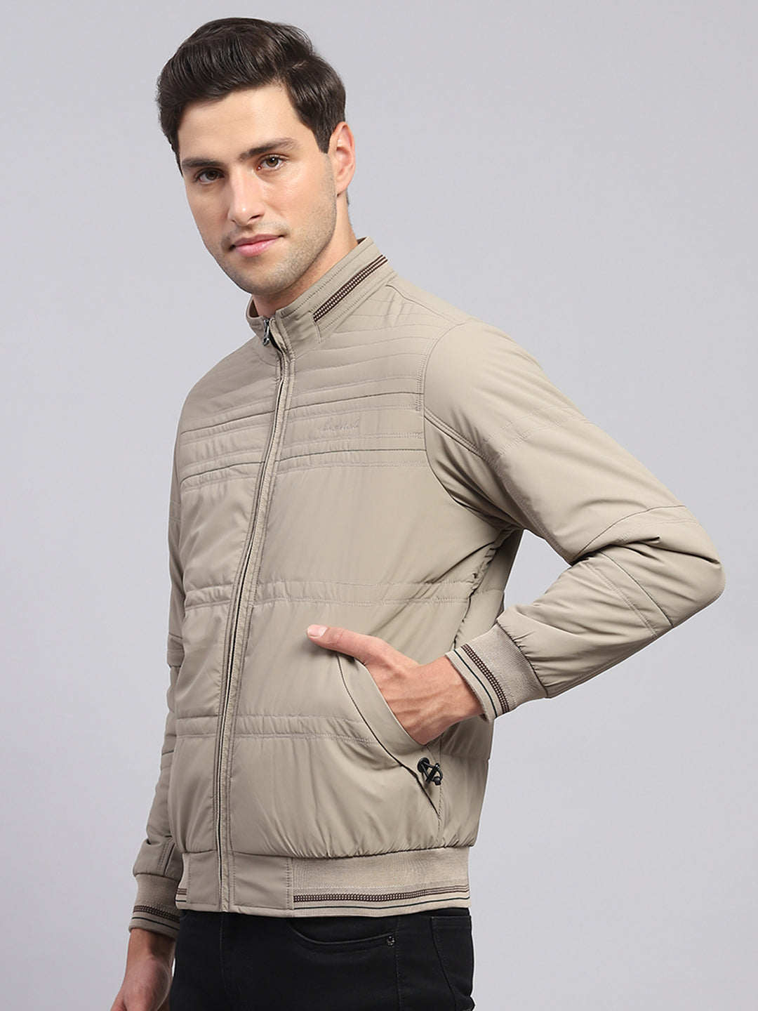 Men Beige Solid Collar Full Sleeve Jacket