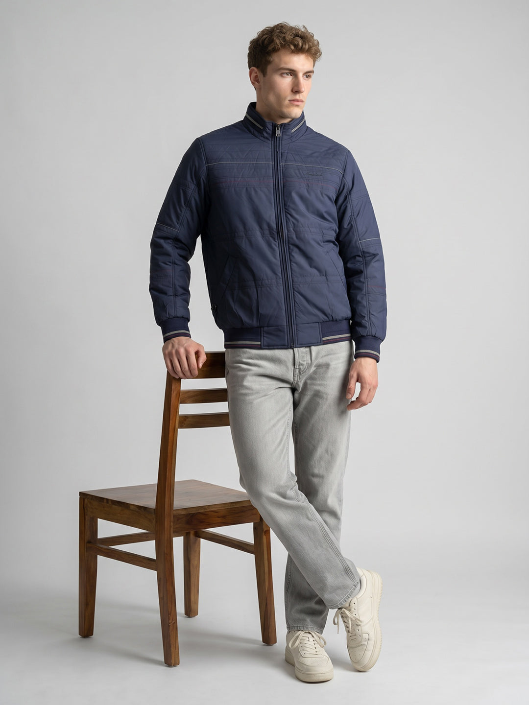 Men Navy Blue Solid Turtle Neck Full Sleeve Bomber Jacket