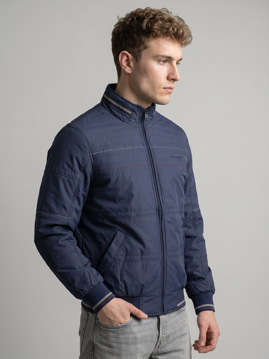 Men Navy Blue Solid Turtle Neck Full Sleeve Bomber Jacket