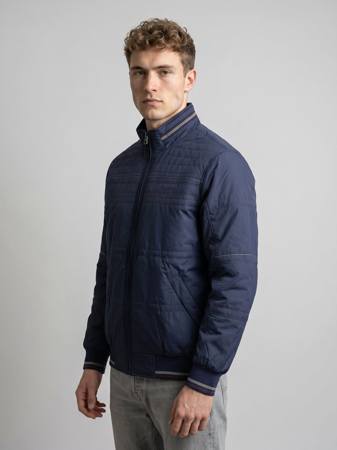 Men Navy Blue Solid Turtle Neck Full Sleeve Bomber Jacket