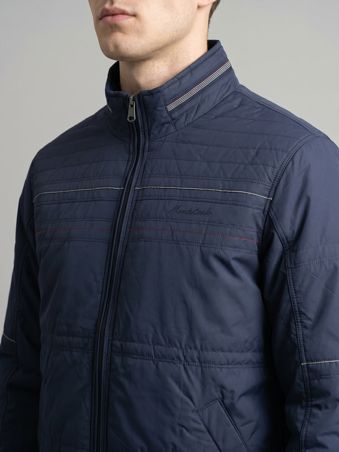 Men Navy Blue Solid Turtle Neck Full Sleeve Bomber Jacket