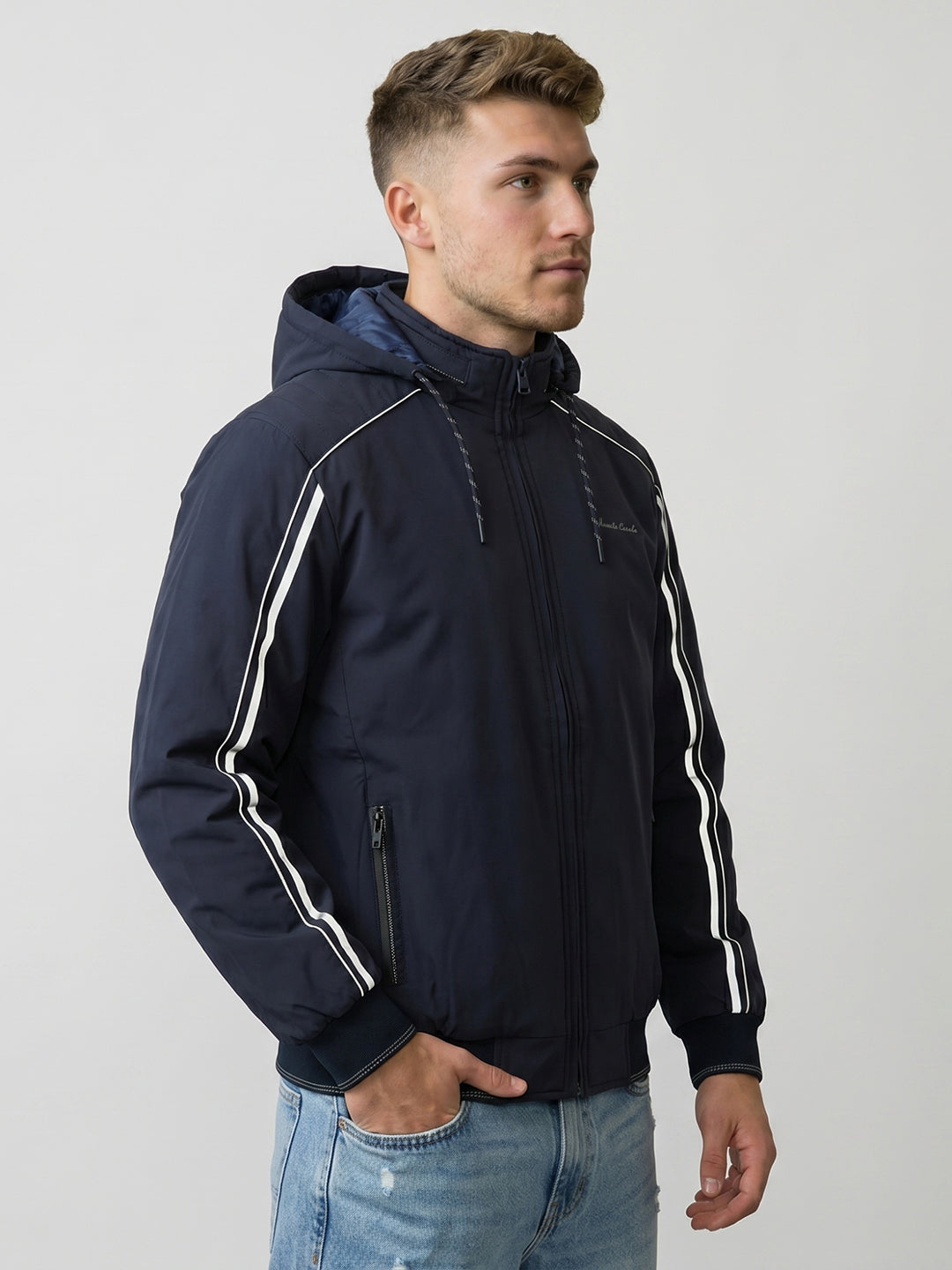Men Navy Blue Solid Detachable Hood Full Sleeve Bomber Jacket