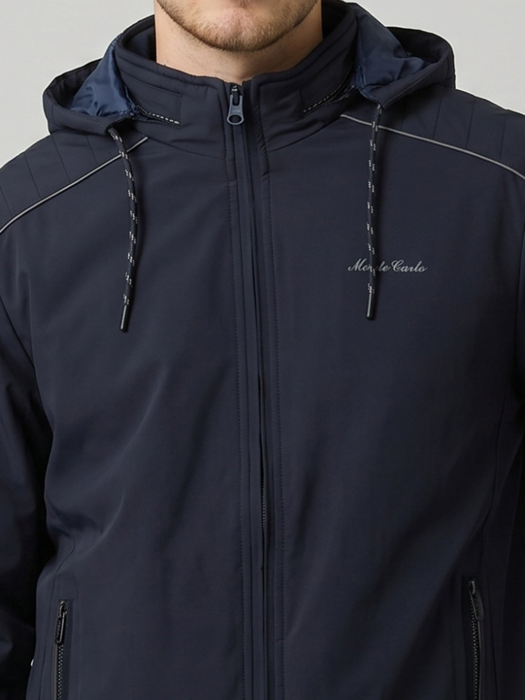 Men Navy Blue Solid Detachable Hood Full Sleeve Bomber Jacket