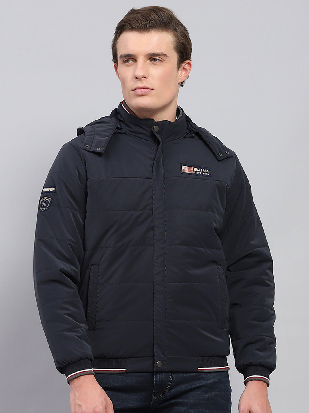 Men Navy Blue Solid Detachable Hood Full Sleeve Jacket