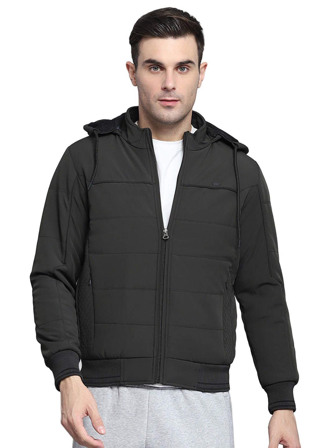 Men Olive Solid Hooded Full Sleeve Jacket