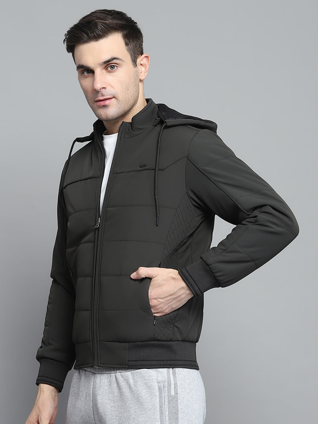 Men Olive Solid Hooded Full Sleeve Jacket