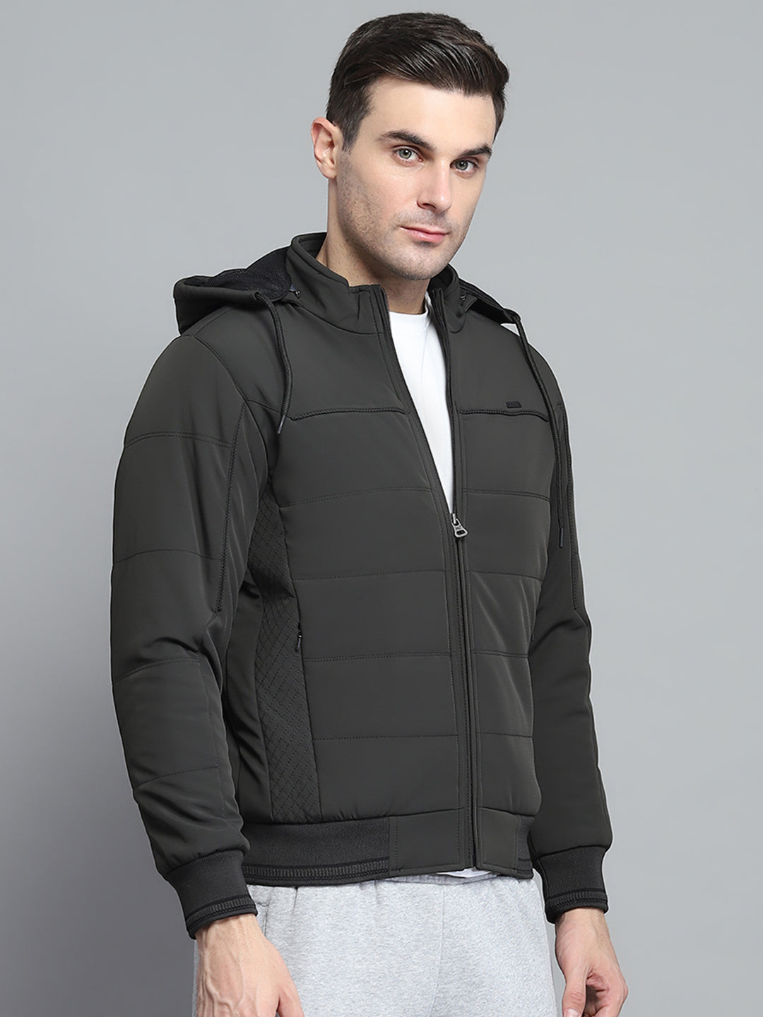 Men Olive Solid Hooded Full Sleeve Jacket