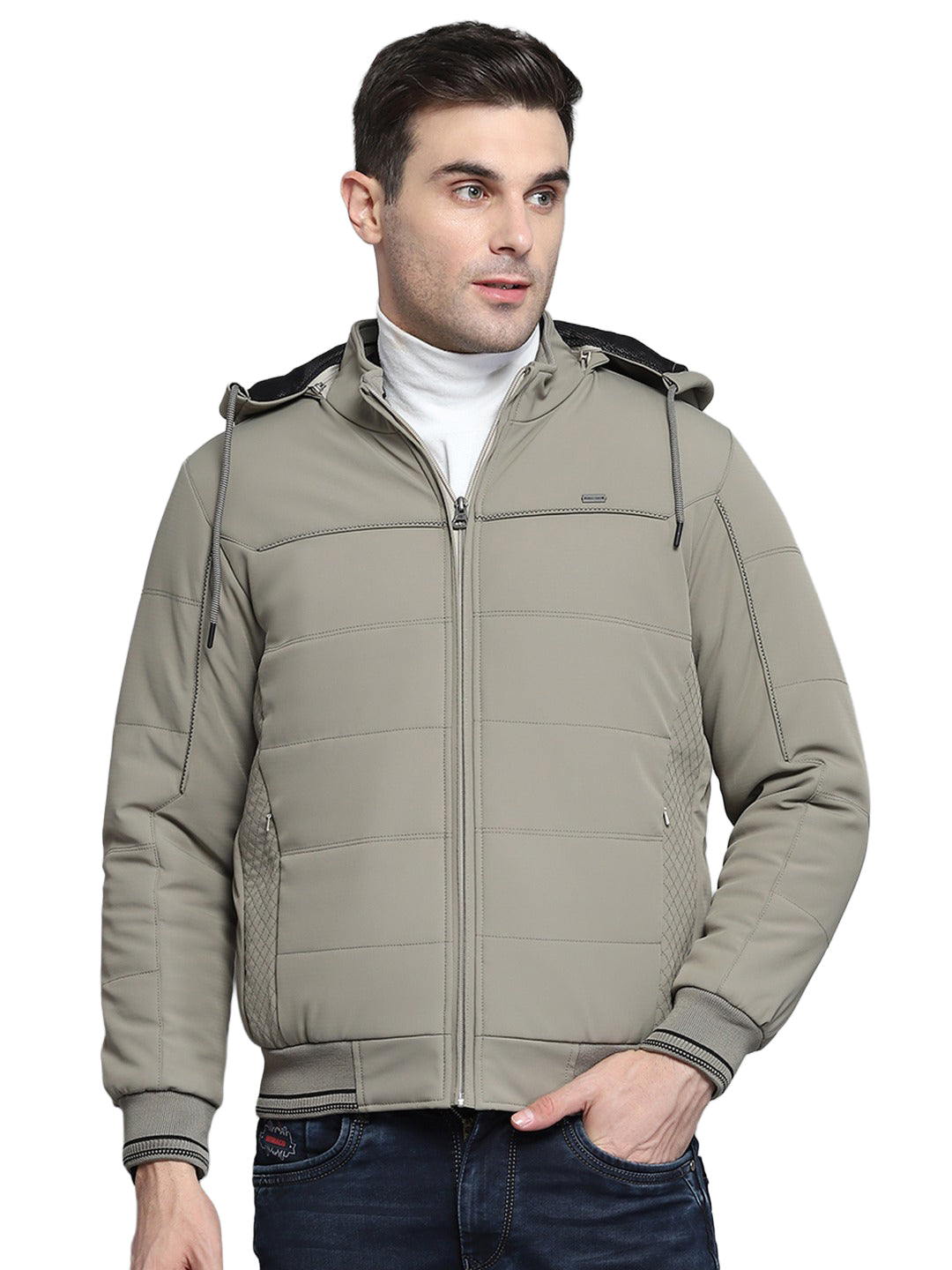 Men Beige Solid Hooded Full Sleeve Jacket