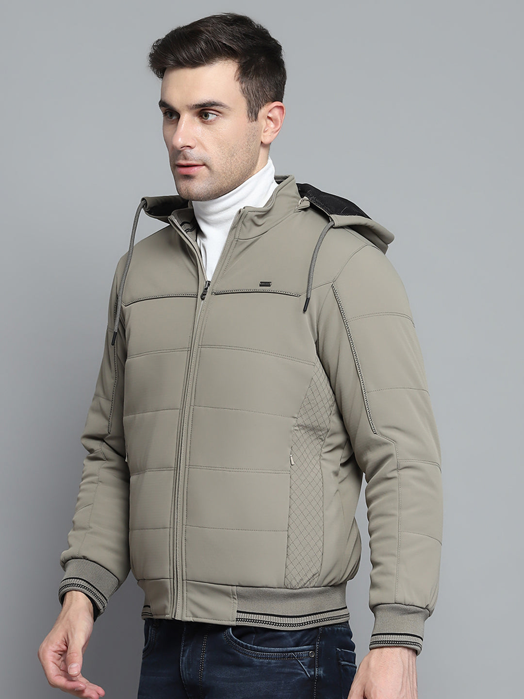 Men Beige Solid Hooded Full Sleeve Jacket