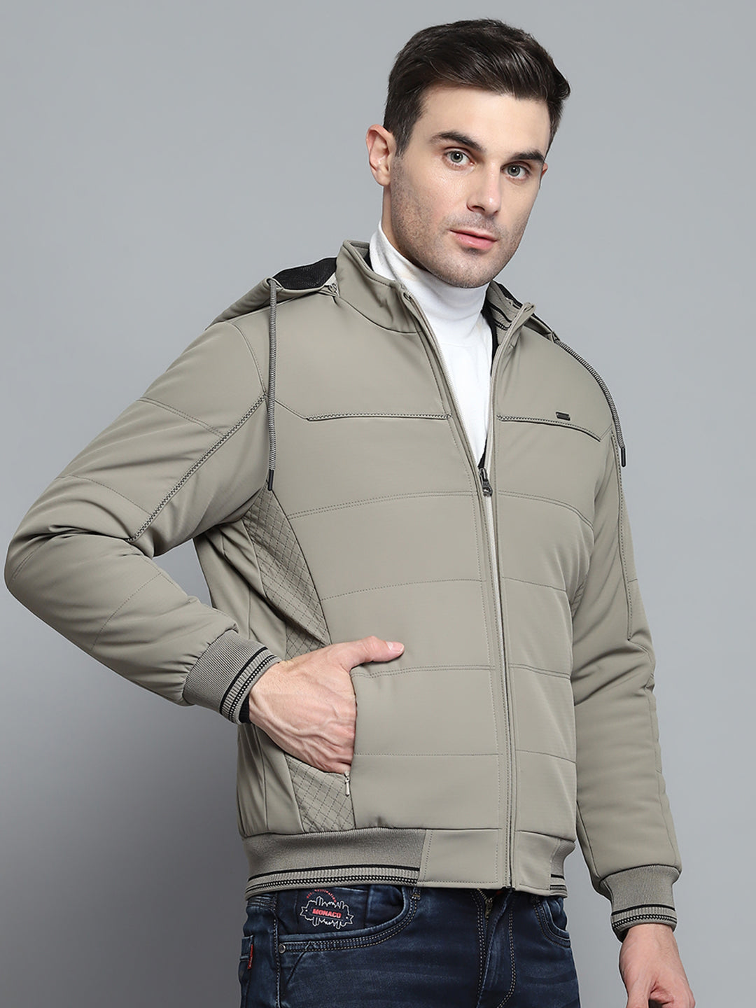 Men Beige Solid Hooded Full Sleeve Jacket