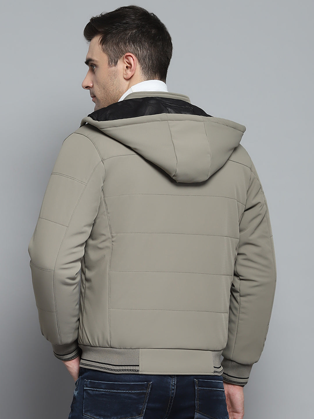 Men Beige Solid Hooded Full Sleeve Jacket