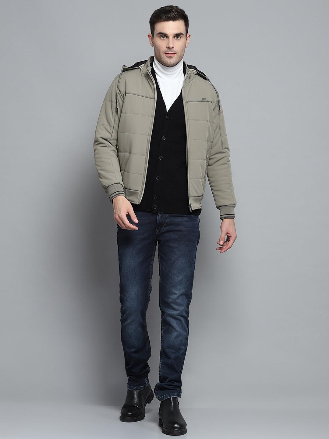 Men Beige Solid Hooded Full Sleeve Jacket
