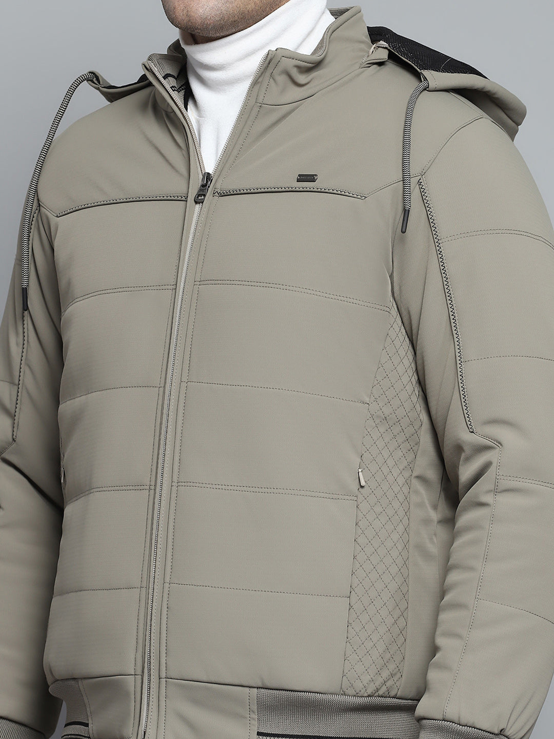 Men Beige Solid Hooded Full Sleeve Jacket