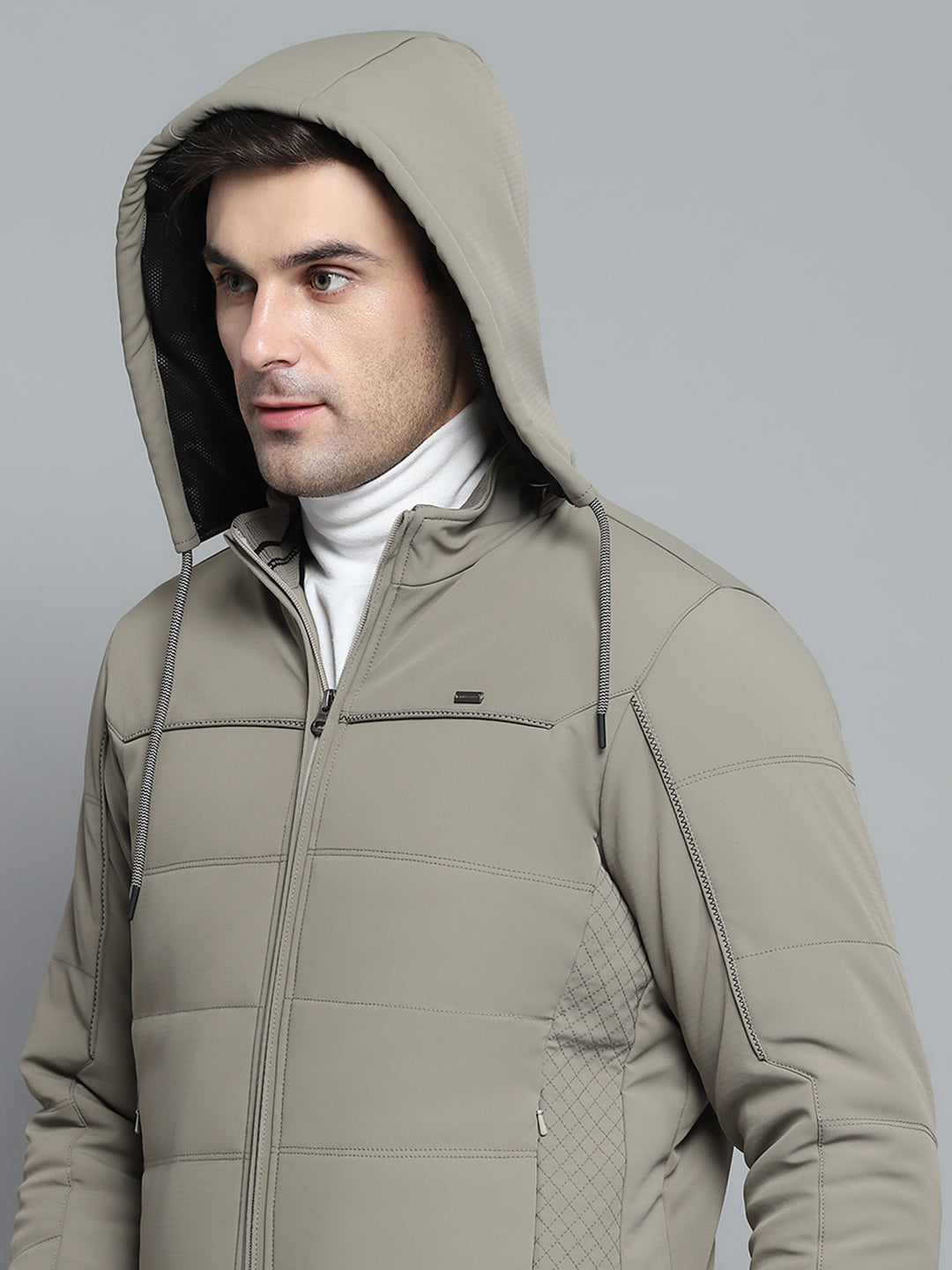 Men Beige Solid Hooded Full Sleeve Jacket