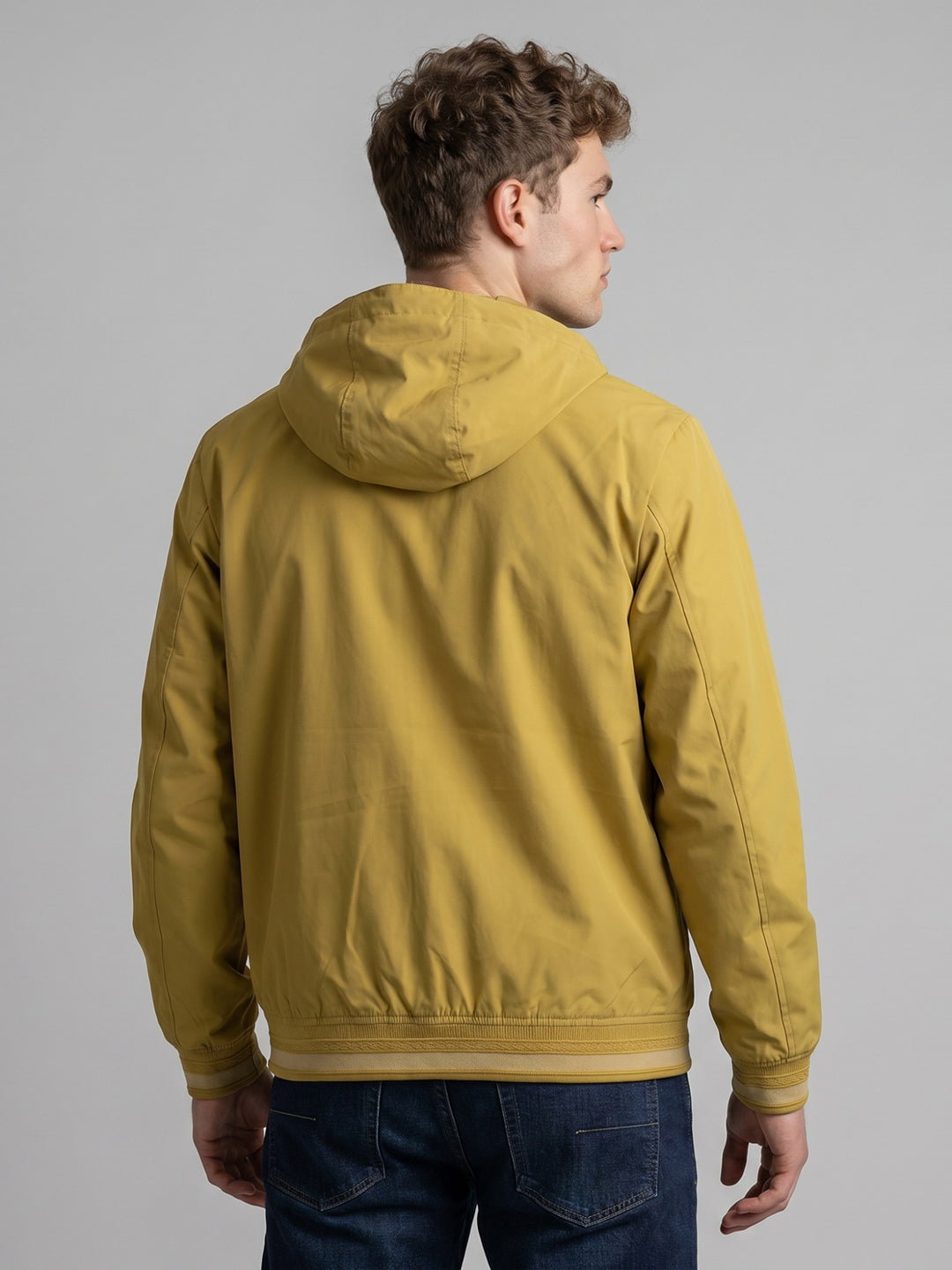 Men Yellow Solid Detachable Hood Full Sleeve Bomber Jacket