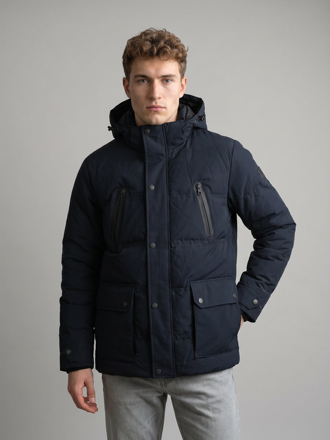 Men Navy Blue Solid Detachable Hood Full Sleeve Parka Jacket