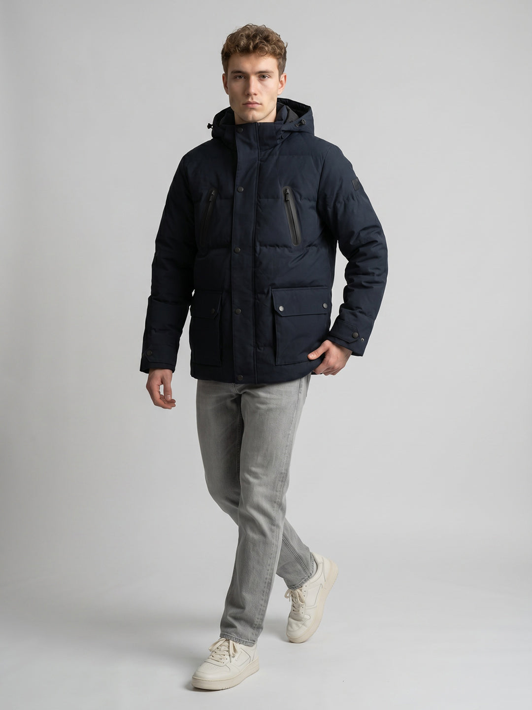 Men Navy Blue Solid Detachable Hood Full Sleeve Parka Jacket