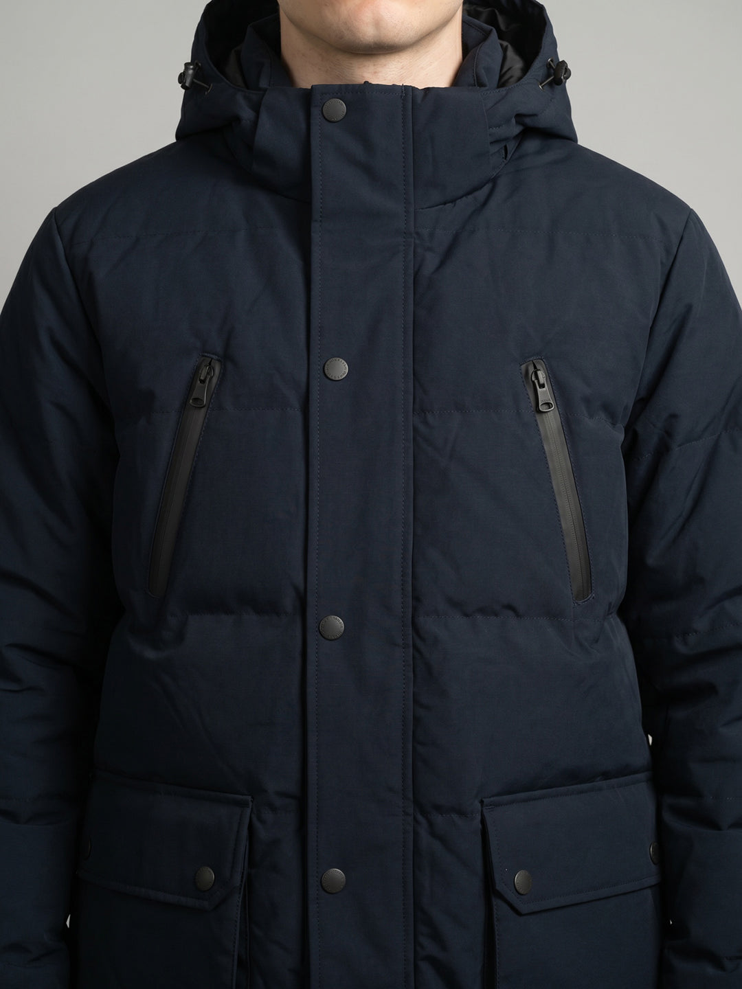 Men Navy Blue Solid Detachable Hood Full Sleeve Parka Jacket