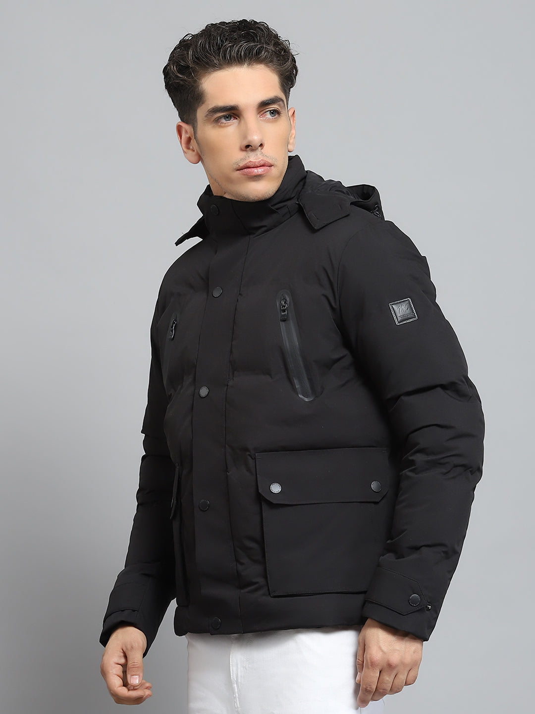 Men Black Solid Detachable Hood Full Sleeve Jacket
