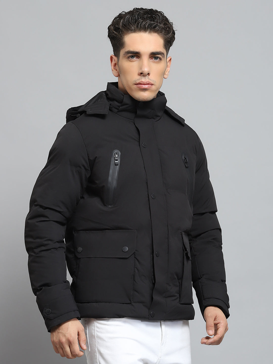 Men Black Solid Detachable Hood Full Sleeve Jacket