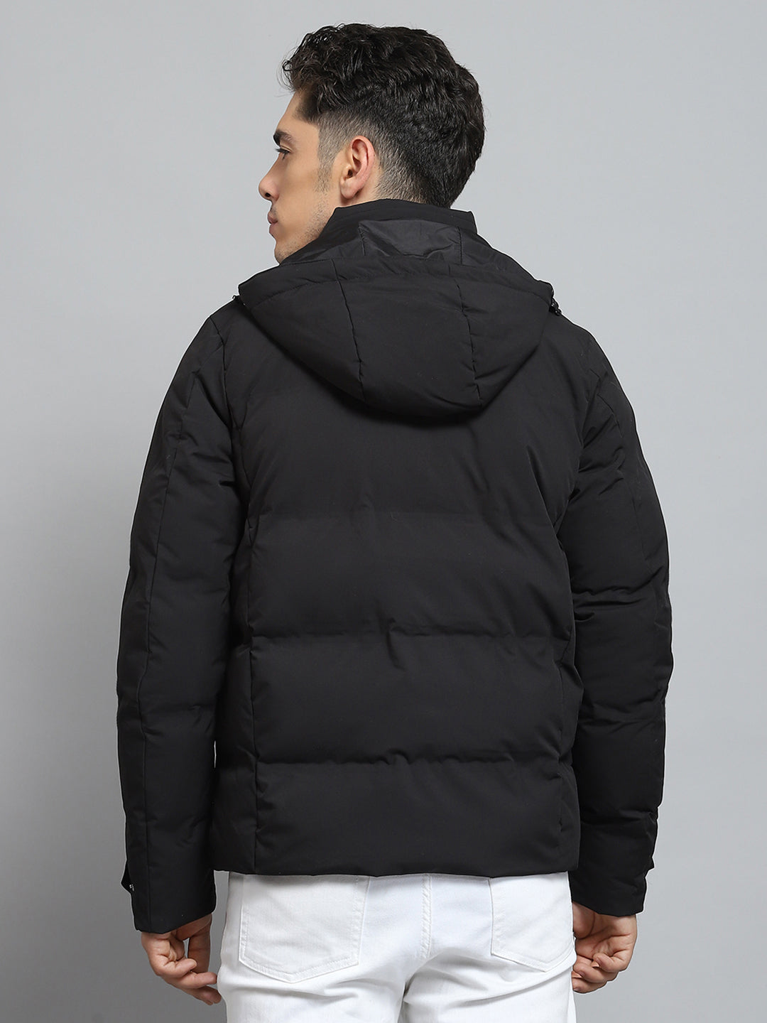 Men Black Solid Detachable Hood Full Sleeve Jacket