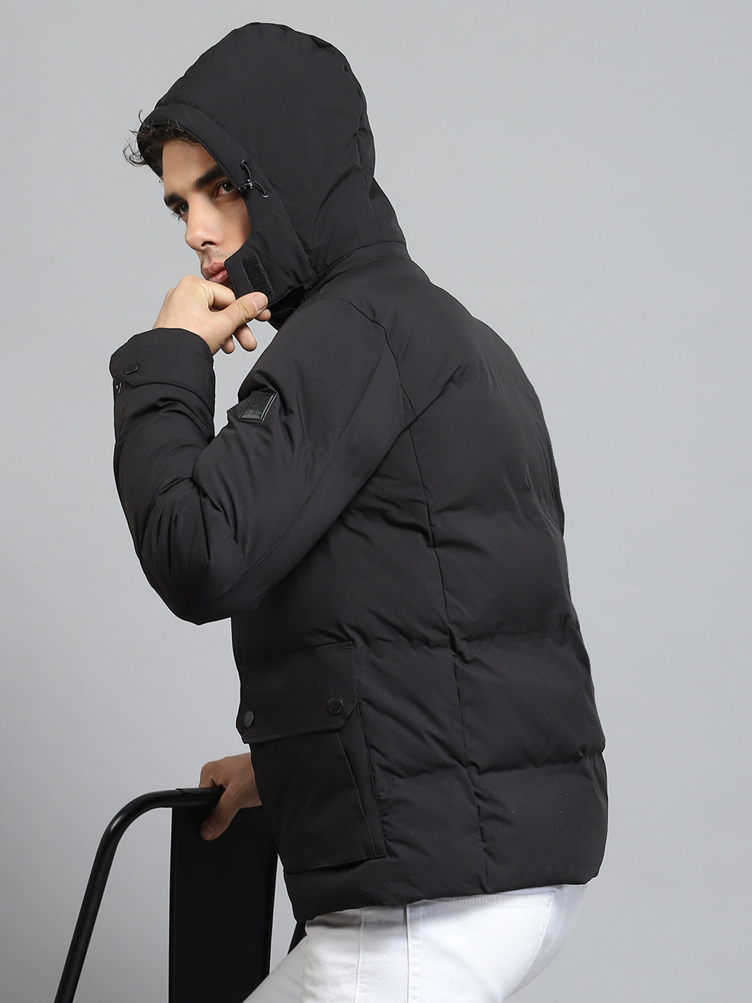 Men Black Solid Detachable Hood Full Sleeve Jacket