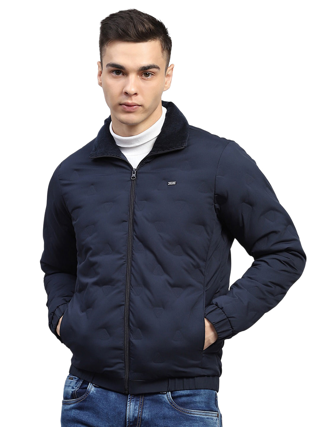 Men Navy Blue Solid Collar Full Sleeve Jacket