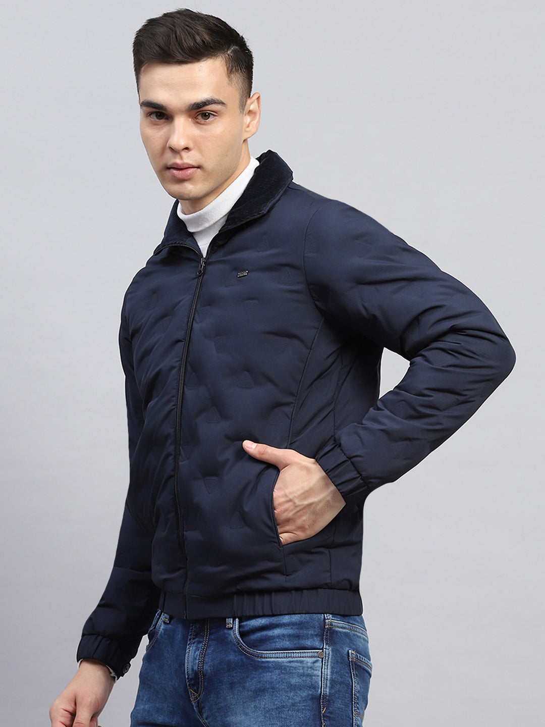 Men Navy Blue Solid Collar Full Sleeve Jacket