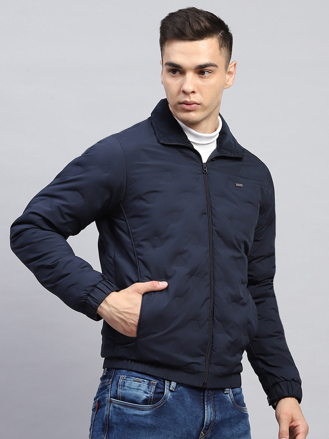 Men Navy Blue Solid Collar Full Sleeve Jacket