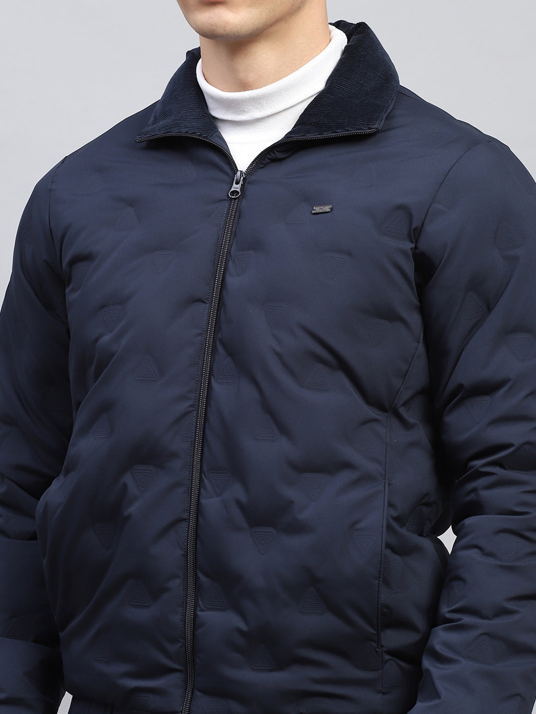 Men Navy Blue Solid Collar Full Sleeve Jacket