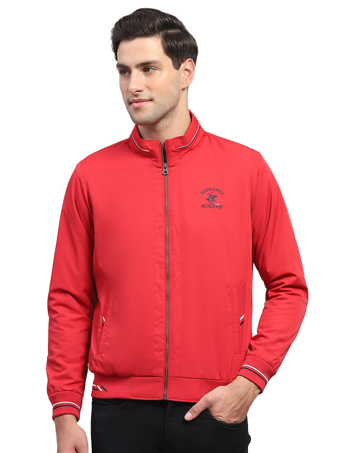 Men Red Solid Collar Full Sleeve Jacket