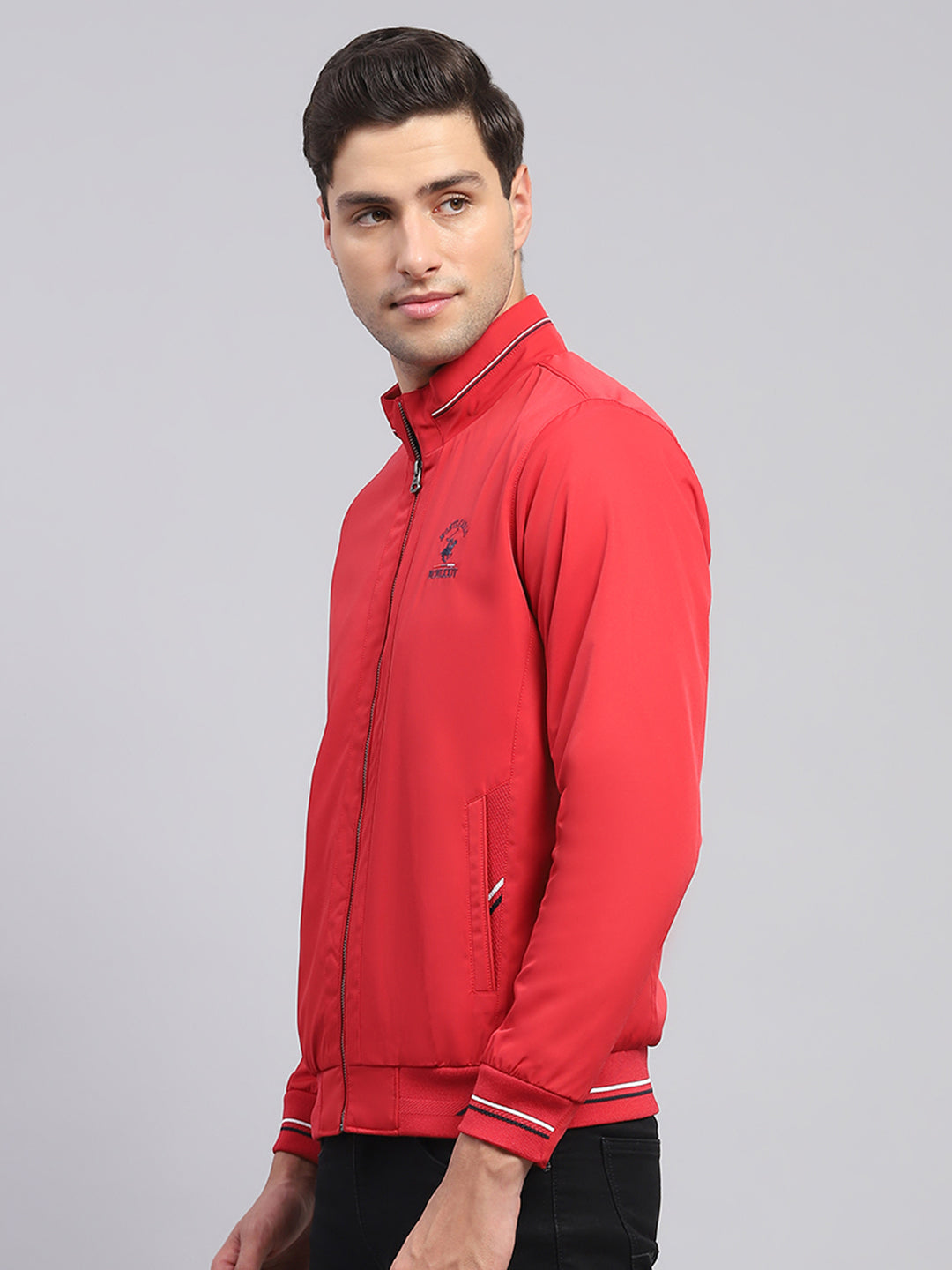 Men Red Solid Collar Full Sleeve Jacket