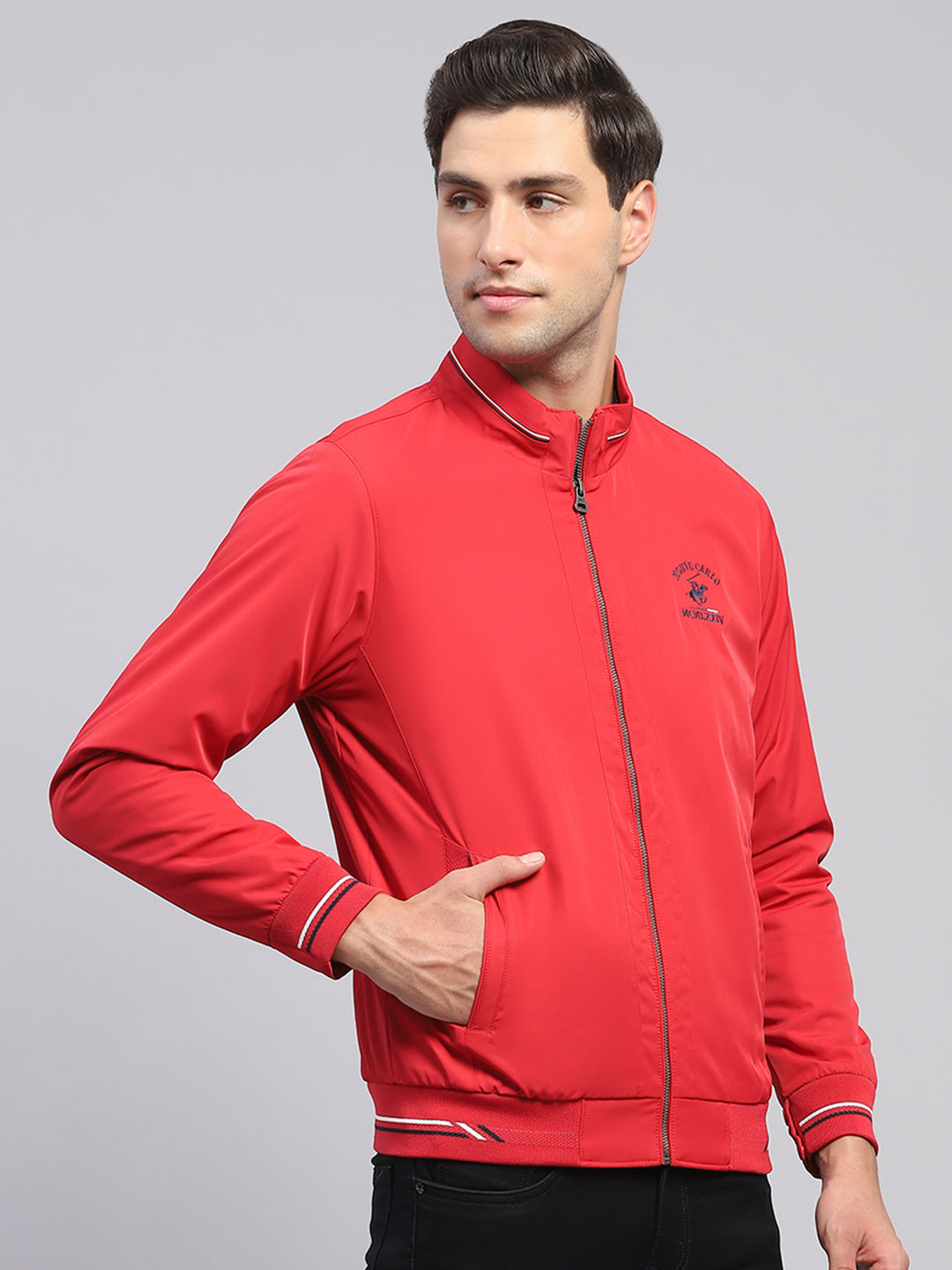 Men Red Solid Collar Full Sleeve Jacket