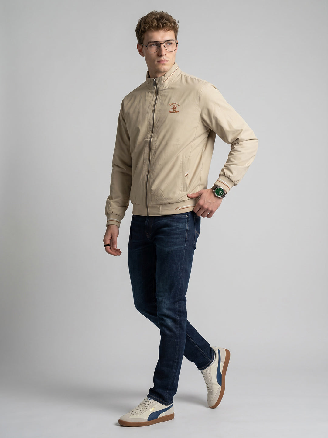 Men Beige Solid Collar Full Sleeve Bomber Jacket